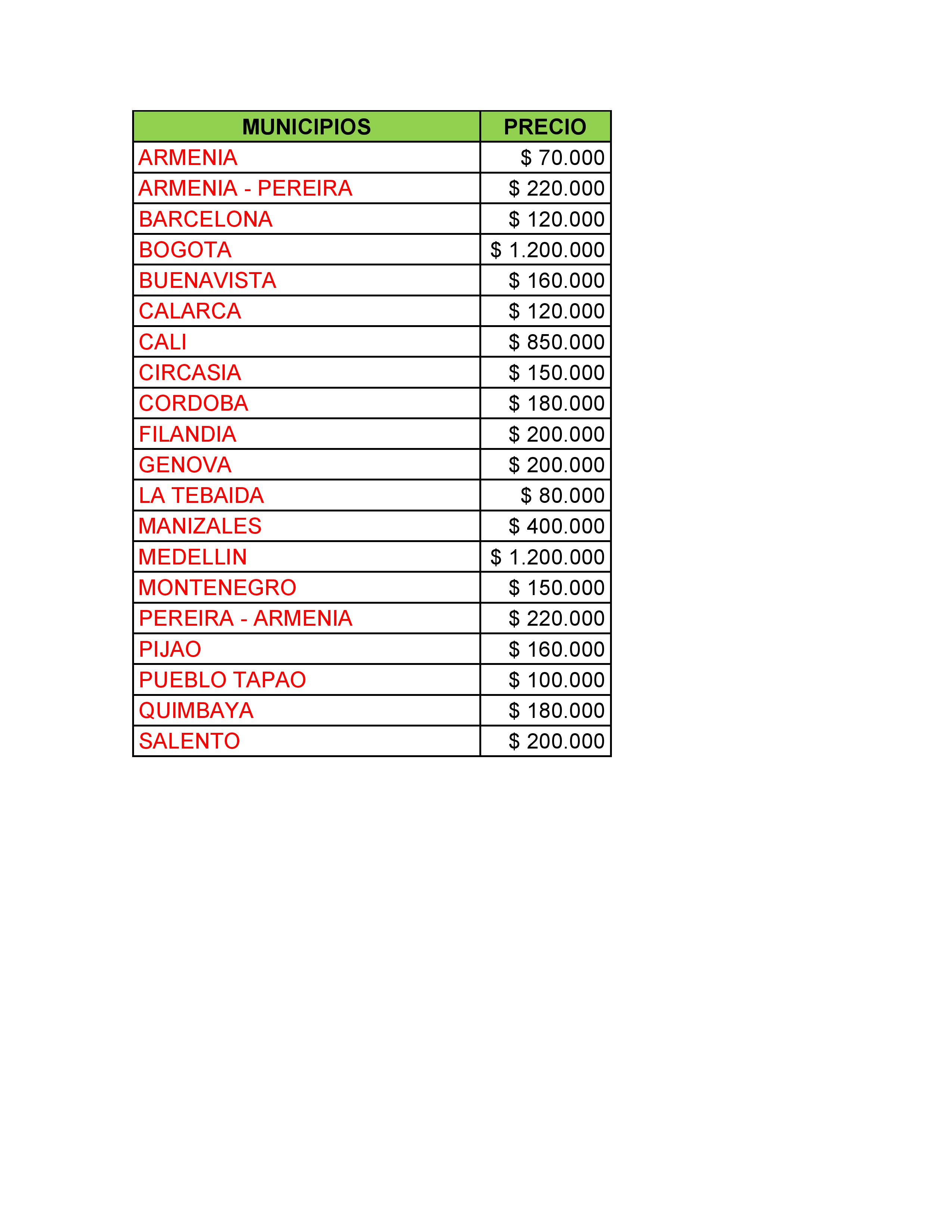 Tarifas transporte AEROVAN